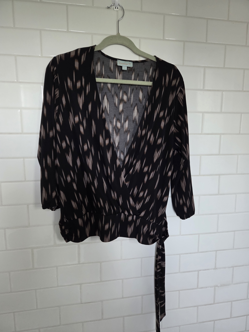 Veronica M Black and Beige Patterned Wrap Blouse